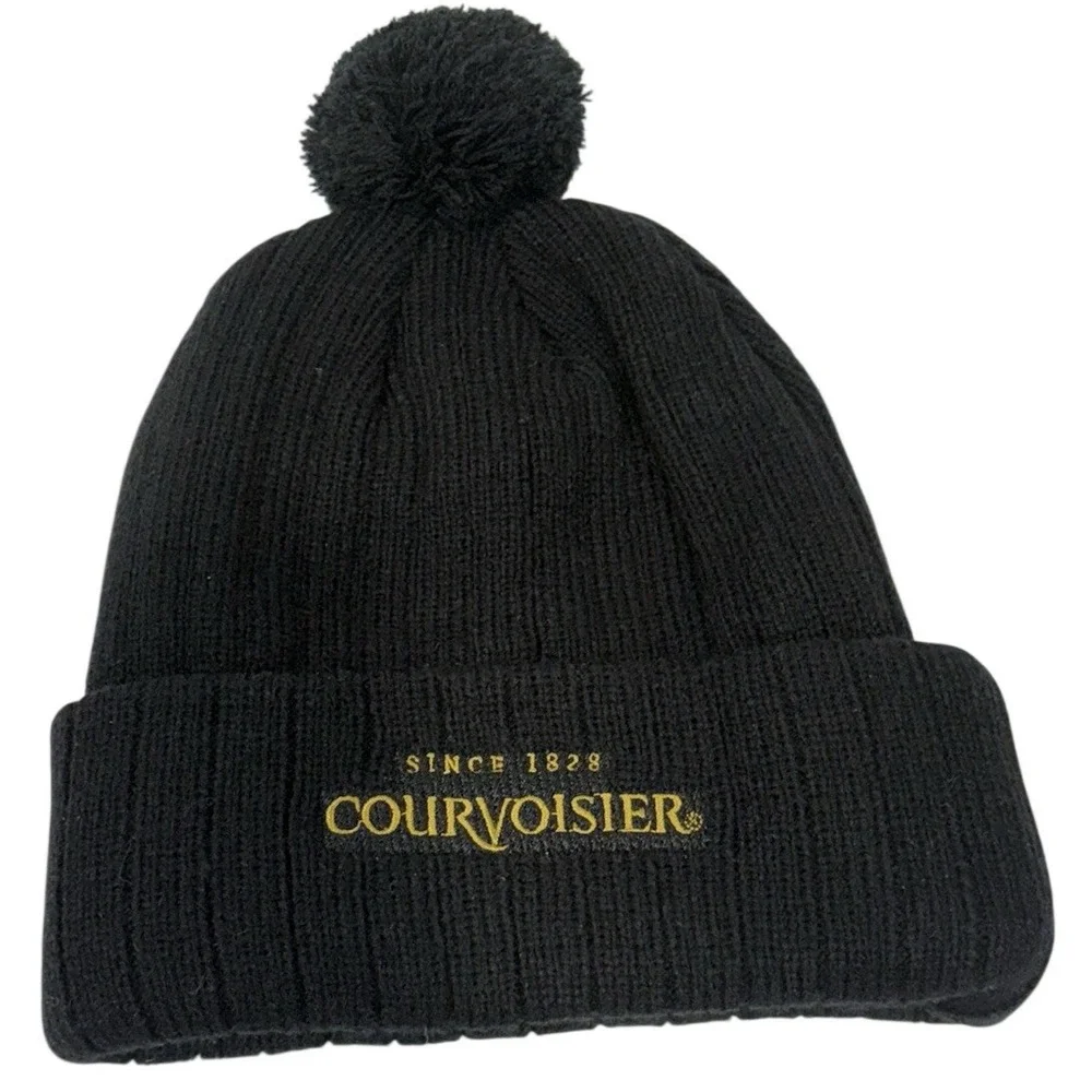 Courvoisier Black Knit Beanie Hat With Pom Since 1828 Logo Acrylic Cuffed Winter